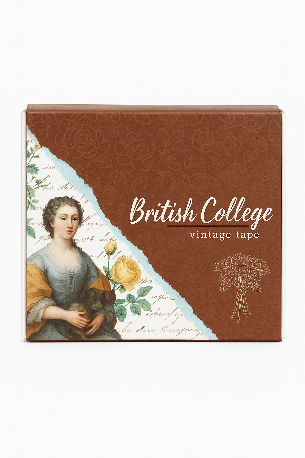 Box of British College vintage tape with classical portrait and floral design