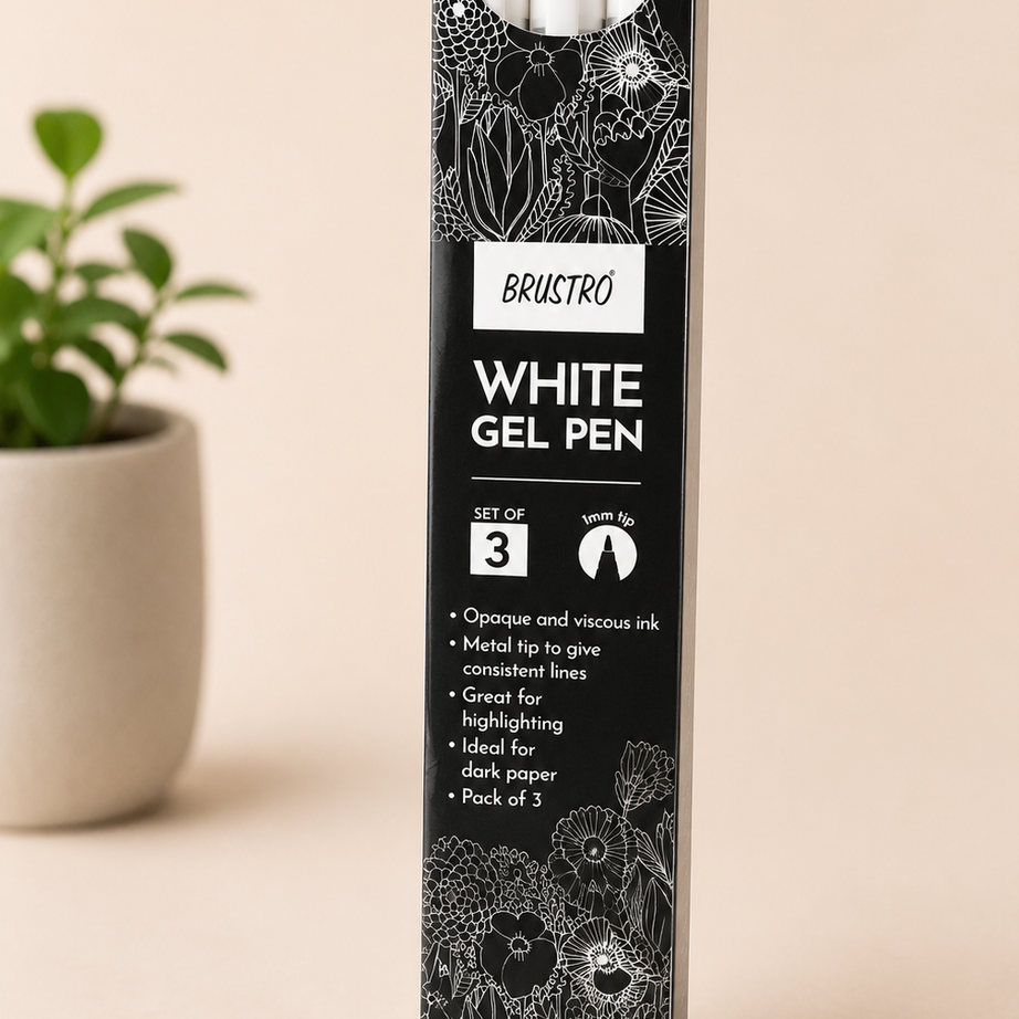 Artist quality white gel pens by Brustro arranged in a 3 piece set