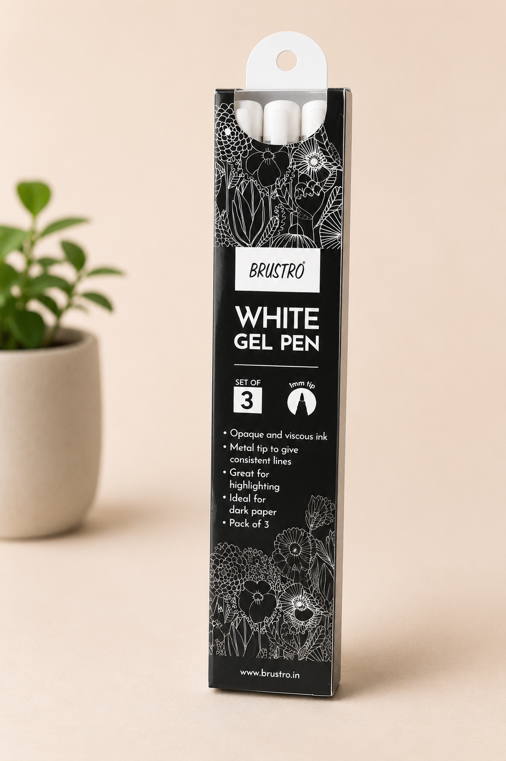 Artist quality white gel pens by Brustro arranged in a 3 piece set