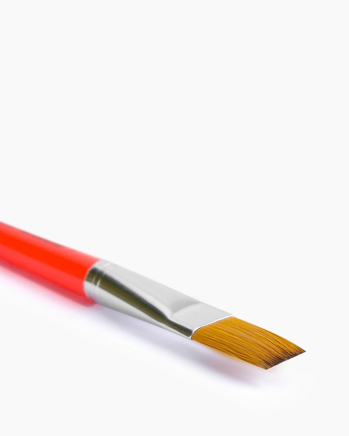 Paintbrush with red handle and yellow bristle head 