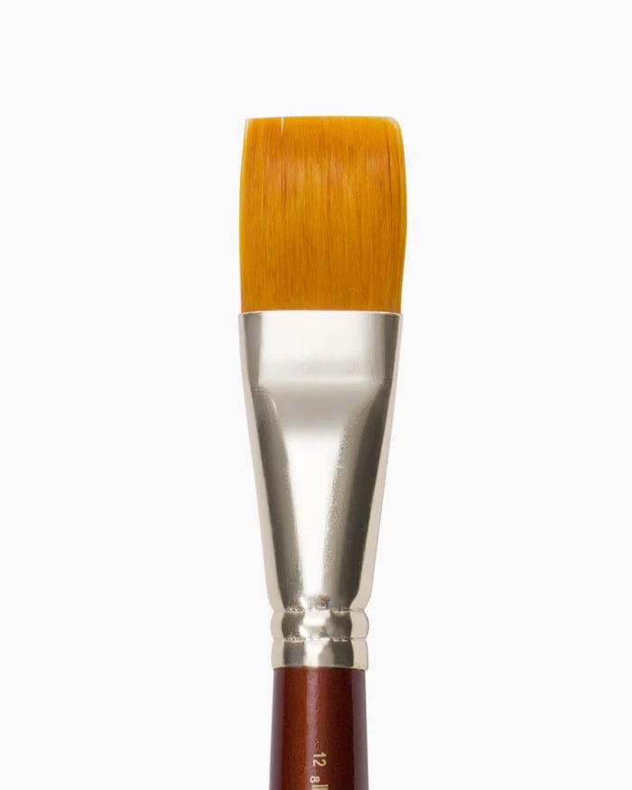 Paintbrush with wooden handle and yellow bristles on a white background