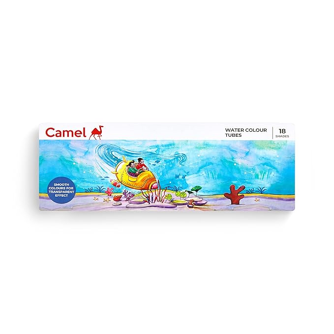 Camel watercolor tubes packaging with a colorful underwater scene design.