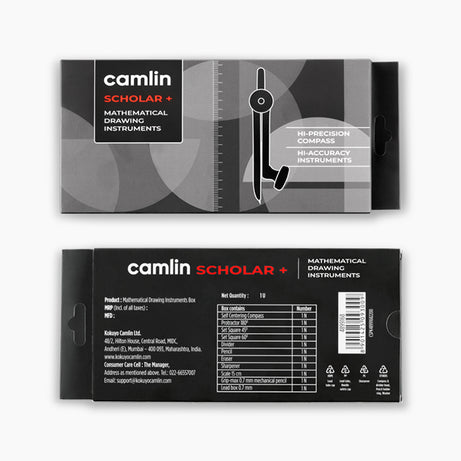 Camlin Scholar+ Geometry Box with compass, ruler, protractor, and set squares for students and exam use