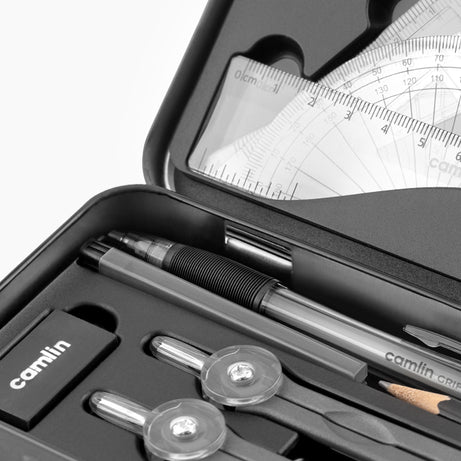 Camlin Scholar+ Geometry Box with compass, ruler, protractor, and set squares for students and exam use