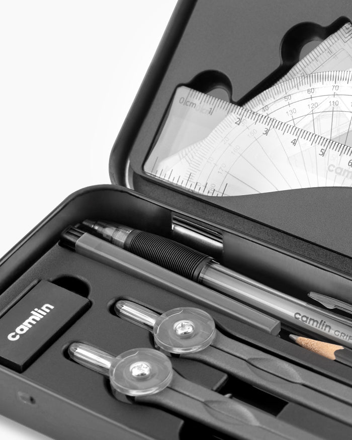 Camlin Scholar+ Geometry Box with compass, ruler, protractor, and set squares for students and exam use