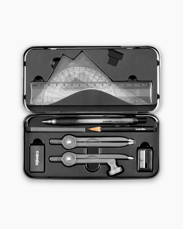 Camlin Scholar+ Geometry Box with compass, ruler, protractor, and set squares for students and exam use