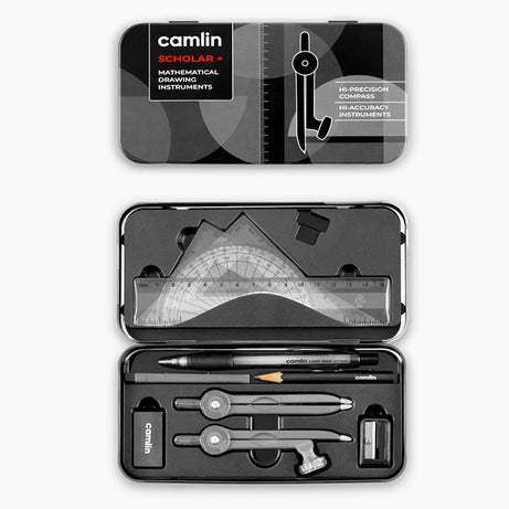 Camlin Scholar+ Geometry Box with compass, ruler, protractor, and set squares for students and exam use