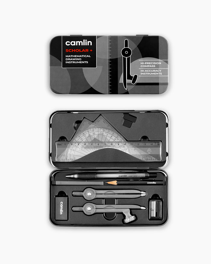Camlin Scholar+ Geometry Box with compass, ruler, protractor, and set squares for students and exam use