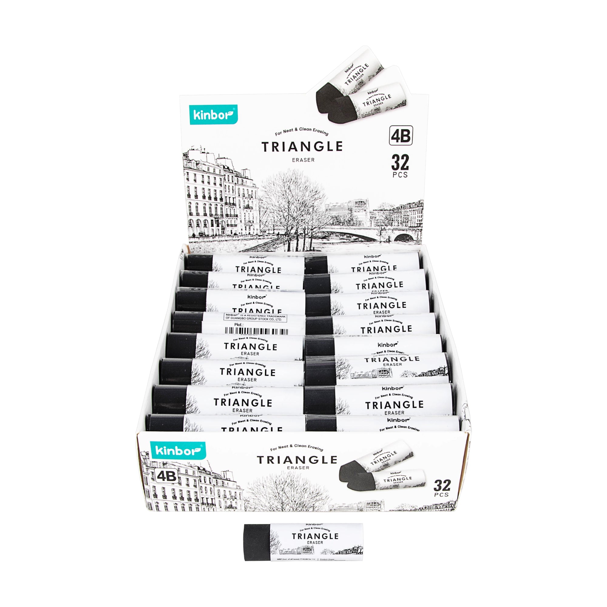 Box of Kinbar Triangle erasers with a cityscape design 