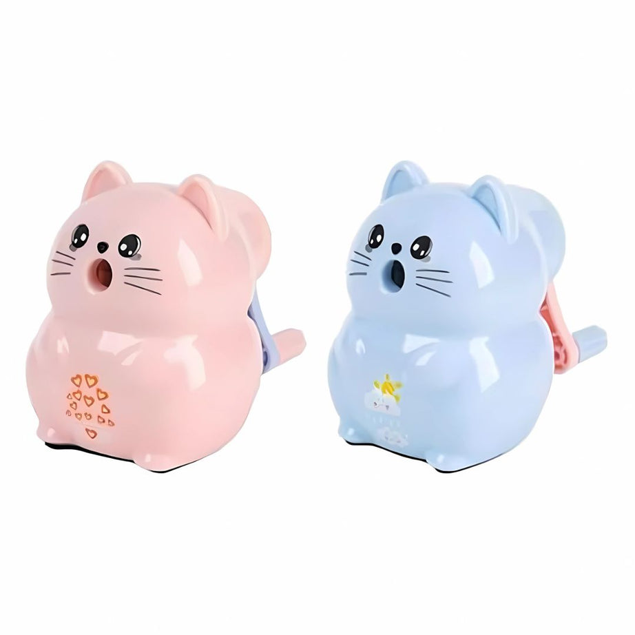 Two cartoon cat-shaped items, one pink and one blue