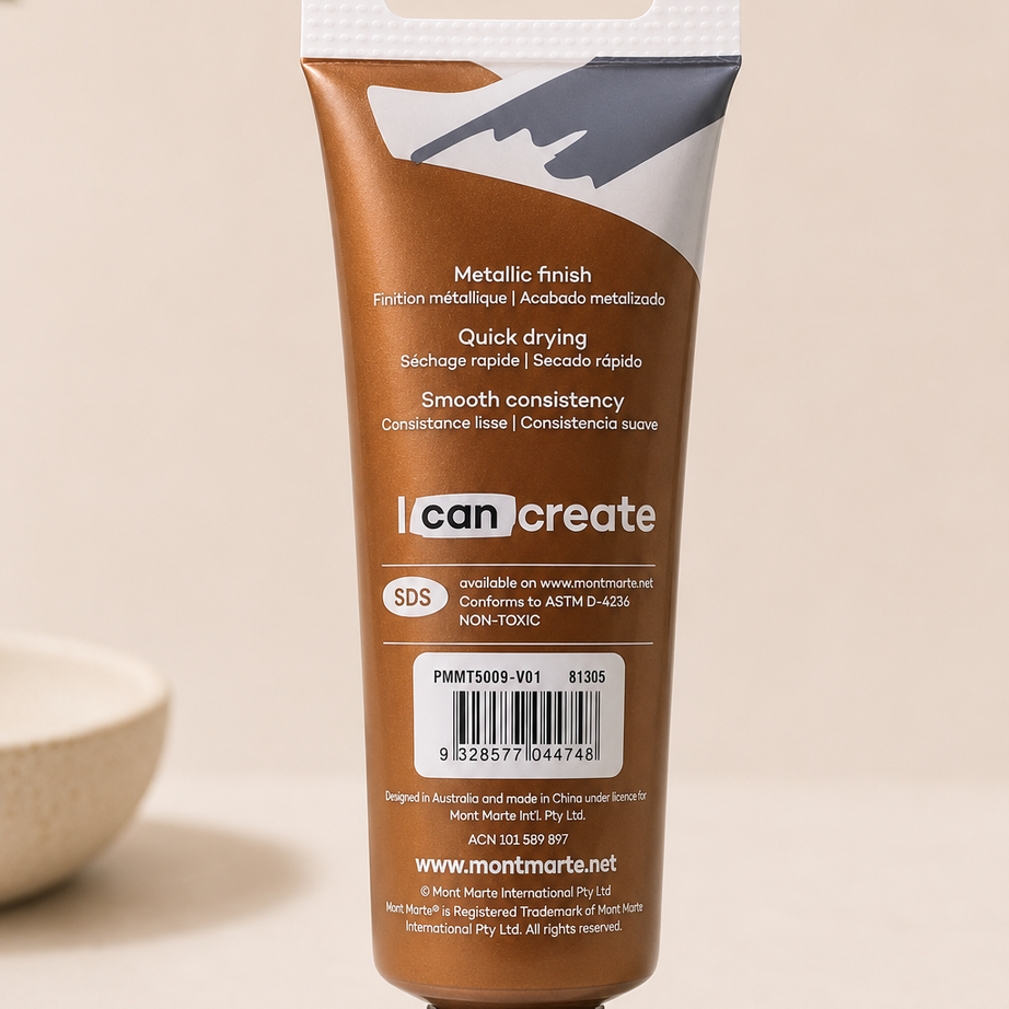 50ml Mont Marte metallic bronze acrylic paint suitable for canvas, DIY, and decorative artwork