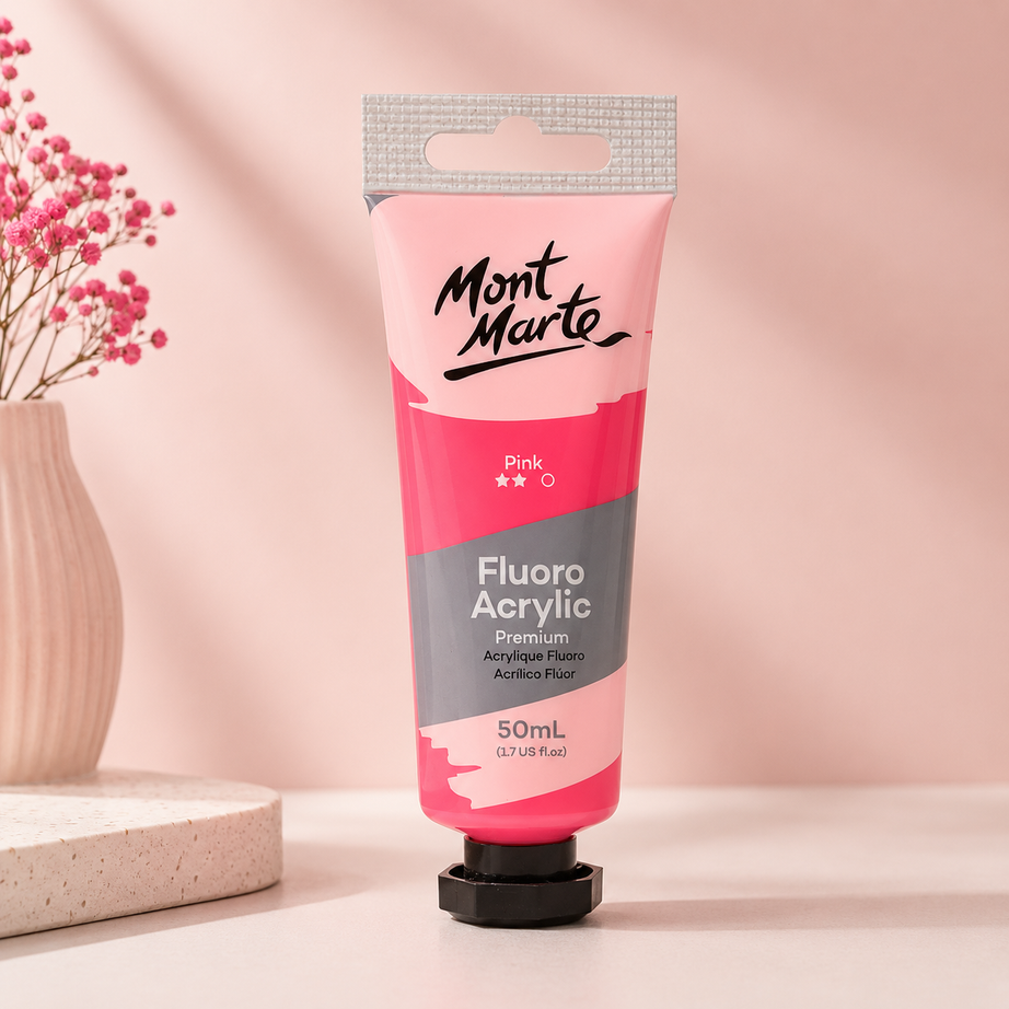 MONT MARTE Fluoro Acrylic Colour Pink 50ML paint bottle for vibrant art and craft projects