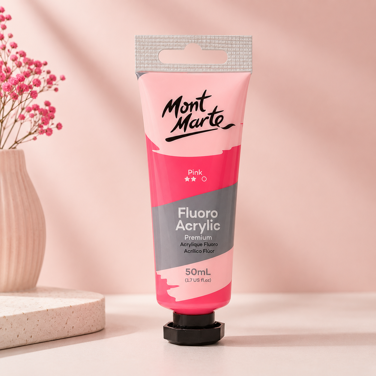 MONT MARTE Fluoro Acrylic Colour Pink 50ML paint bottle for vibrant art and craft projects