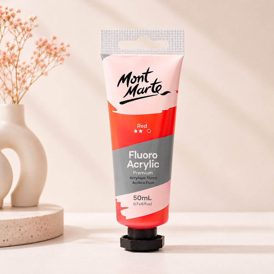 MONT MARTE Fluoro Acrylic Colour Red 50ML paint bottle for vibrant art and craft projects