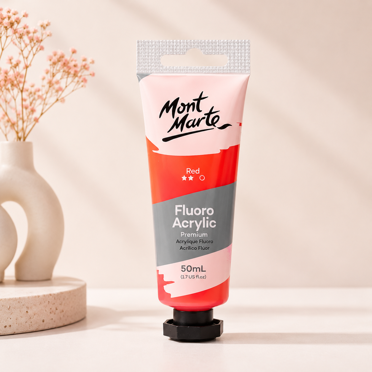 MONT MARTE Fluoro Acrylic Colour Red 50ML paint bottle for vibrant art and craft projects