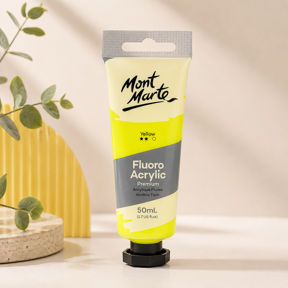 MONT MARTE Fluoro Acrylic Colour Yellow 50ML bright fluorescent acrylic paint for art and craft projects
