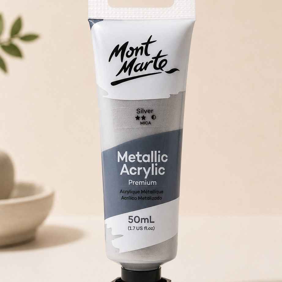 MONT MARTE Metallic Acrylic Colour Silver 50ML acrylic paint bottle for art and craft projects
