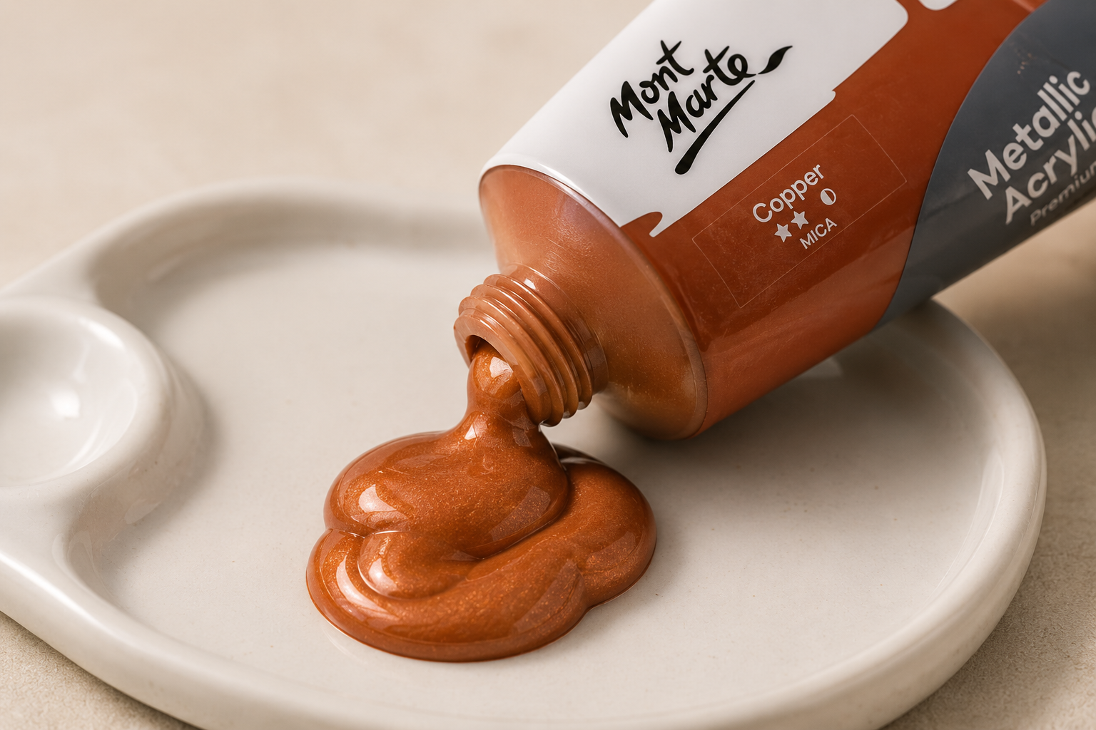 Bottle of MONT MARTE metallic acrylic paint in copper colour with rich metallic finish