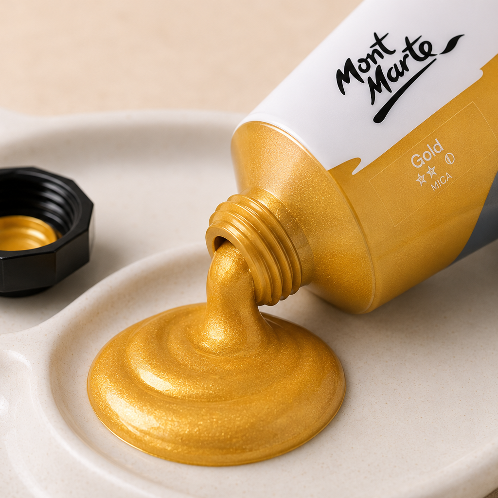Metallic gold acrylic colour by Mont Marte in 50ml bottle for artists and hobby painting