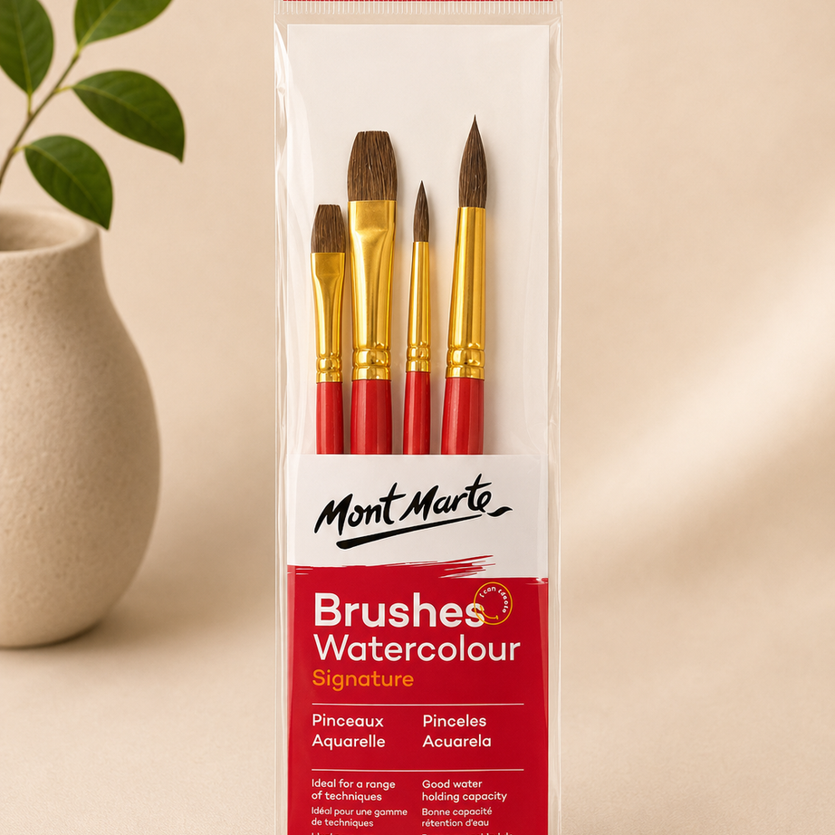 MONT MARTE water colour brushes flat and round 4PCS set for watercolor painting and art projects
