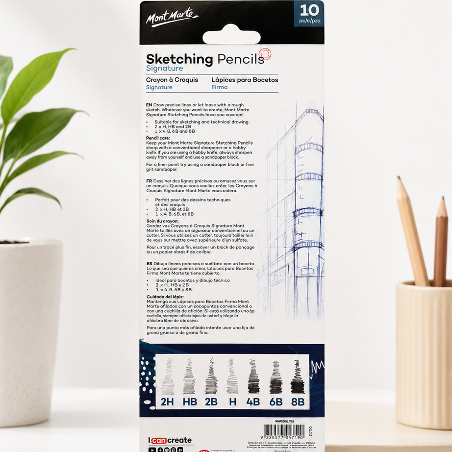 Artist quality graphite sketching pencils by Mont Marte arranged in a 10 piece set