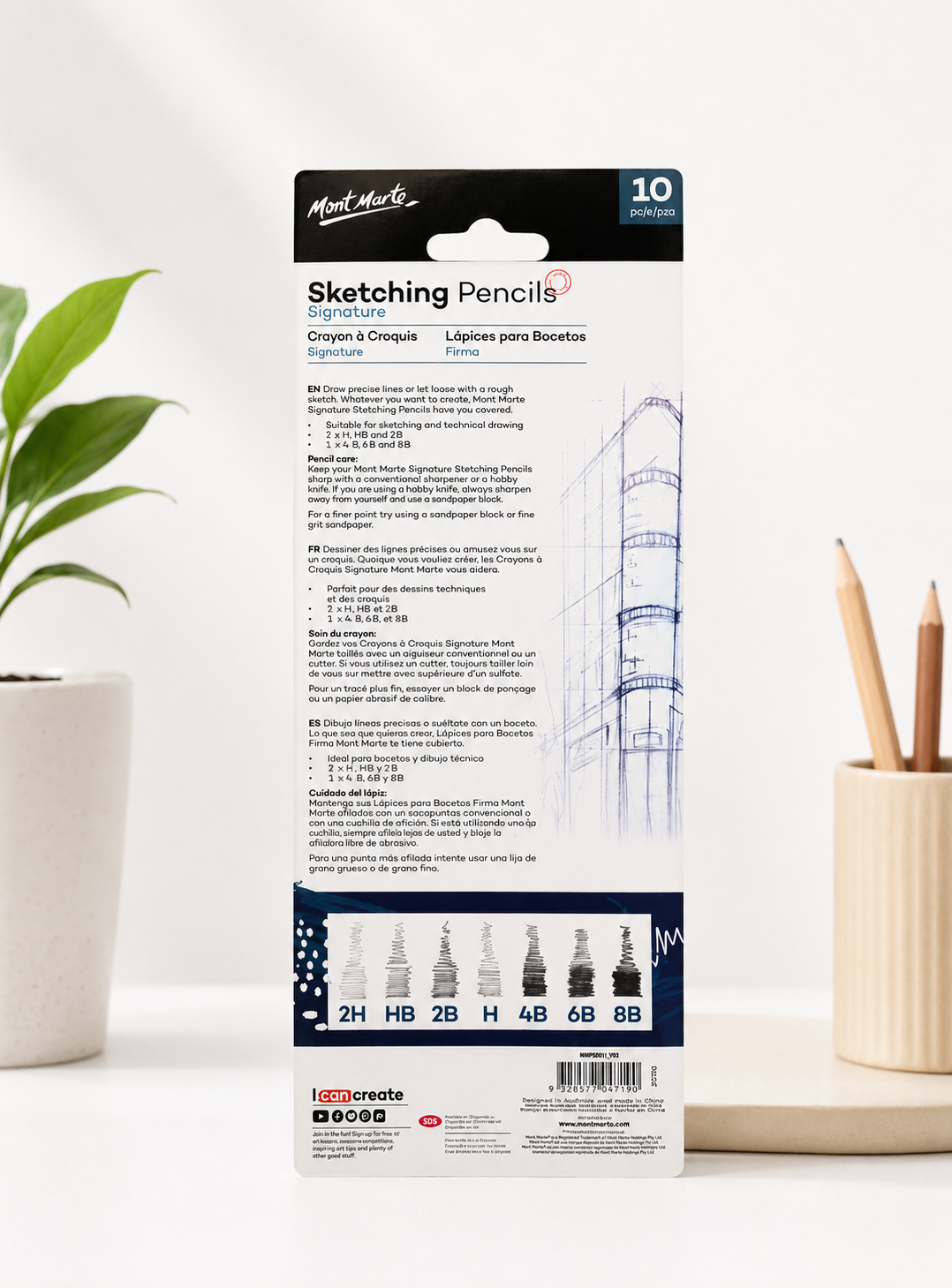 Artist quality graphite sketching pencils by Mont Marte arranged in a 10 piece set