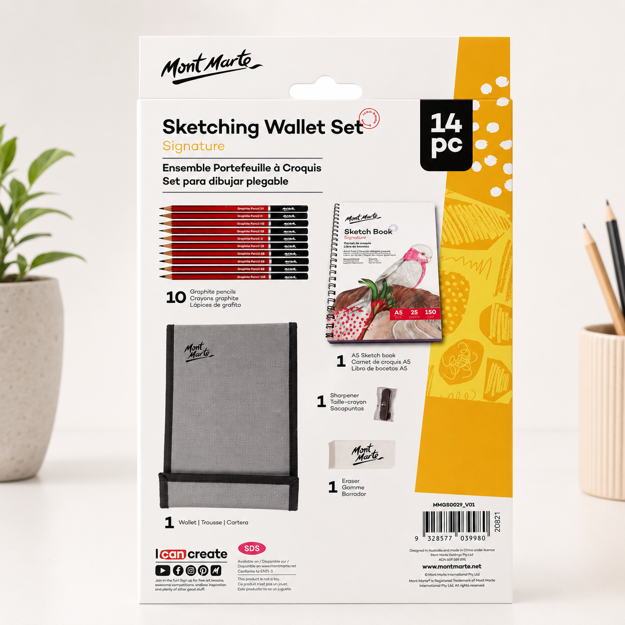 Portable Mont Marte sketching kit arranged in a 14 piece wallet set