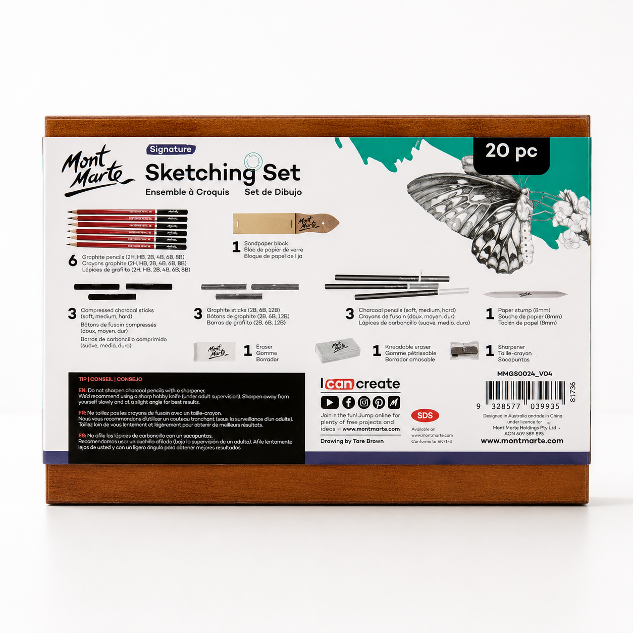 Professional sketching wooden box set by Mont Marte with drawing supplies