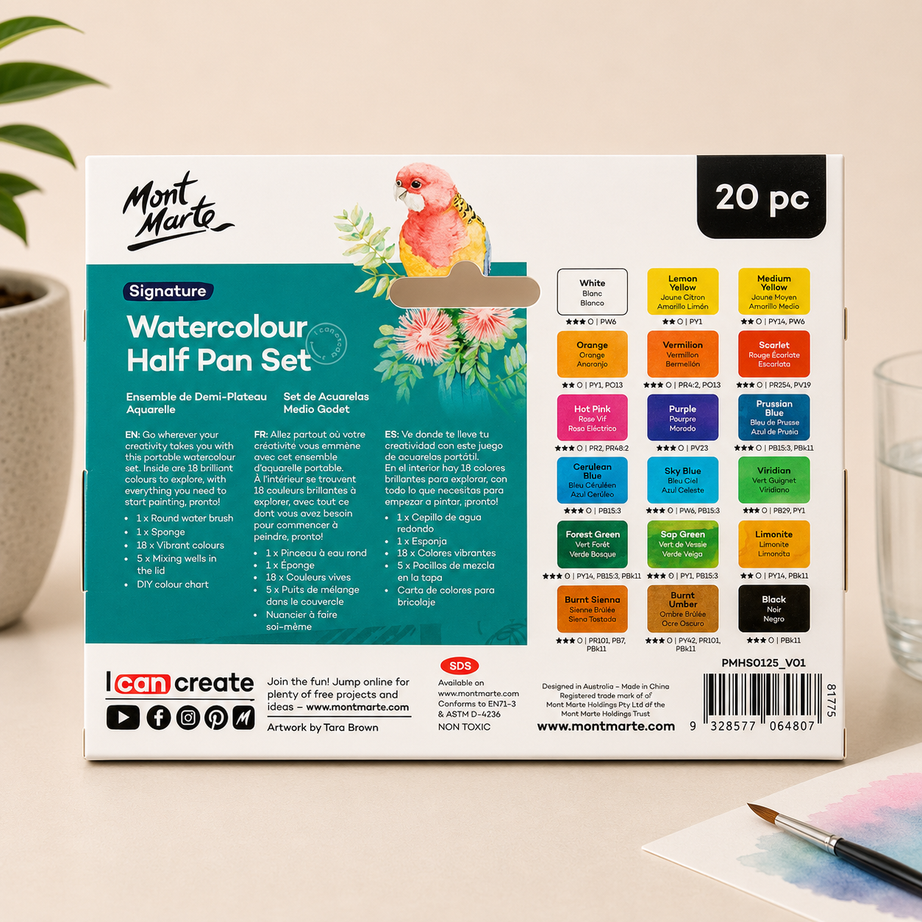 Compact Mont Marte watercolour paint set with half pans and art supplies