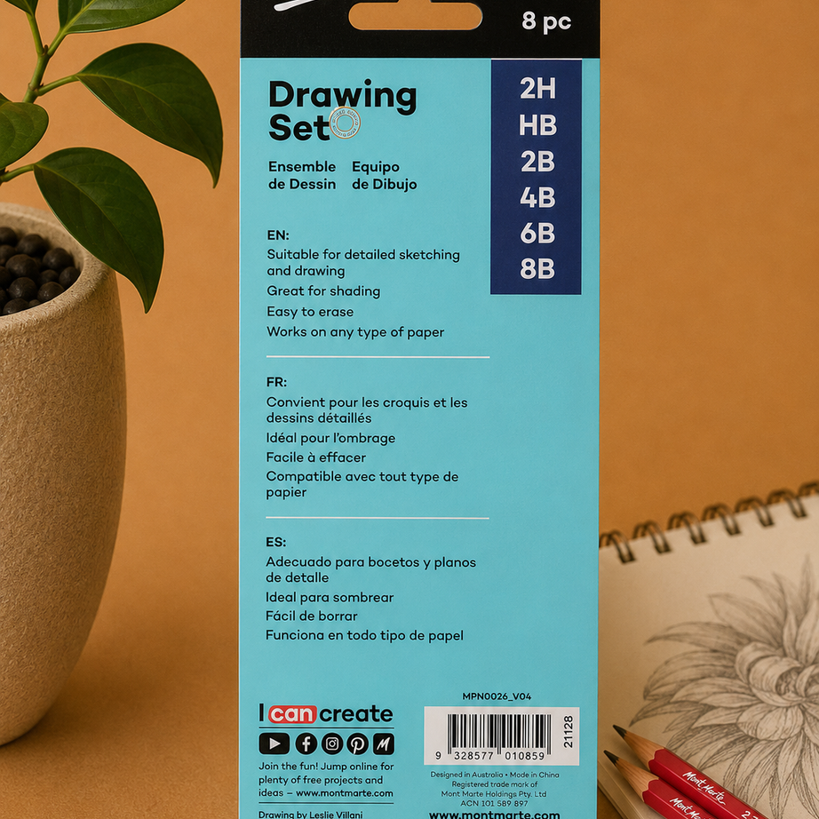 Artist quality drawing kit by Mont Marte arranged in an 8 piece set