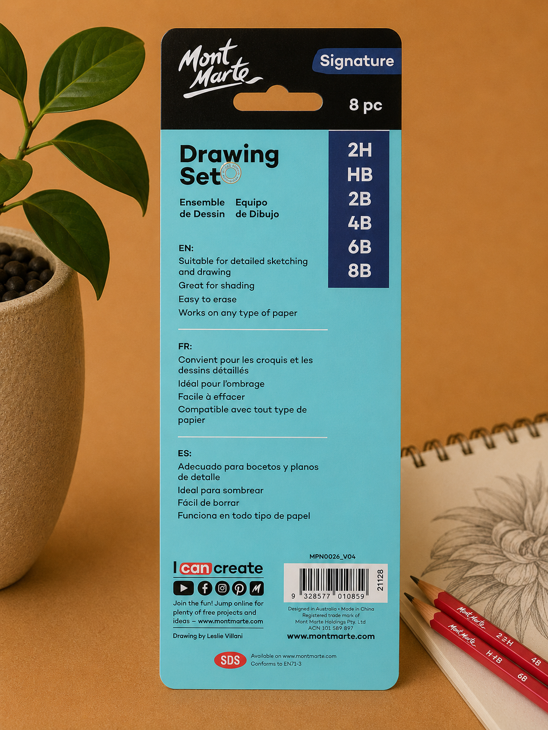 Artist quality drawing kit by Mont Marte arranged in an 8 piece set