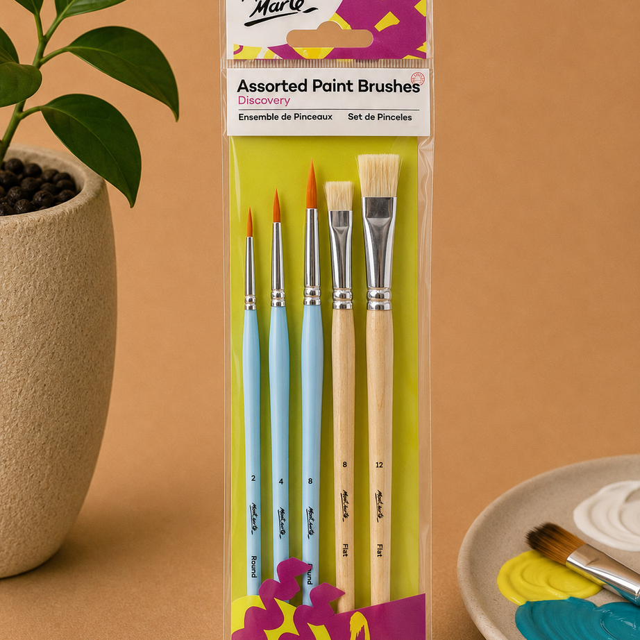 Mont Marte assorted paint brushes 5PCS set with multiple brush shapes for acrylic, watercolor, craft, and art painting projects