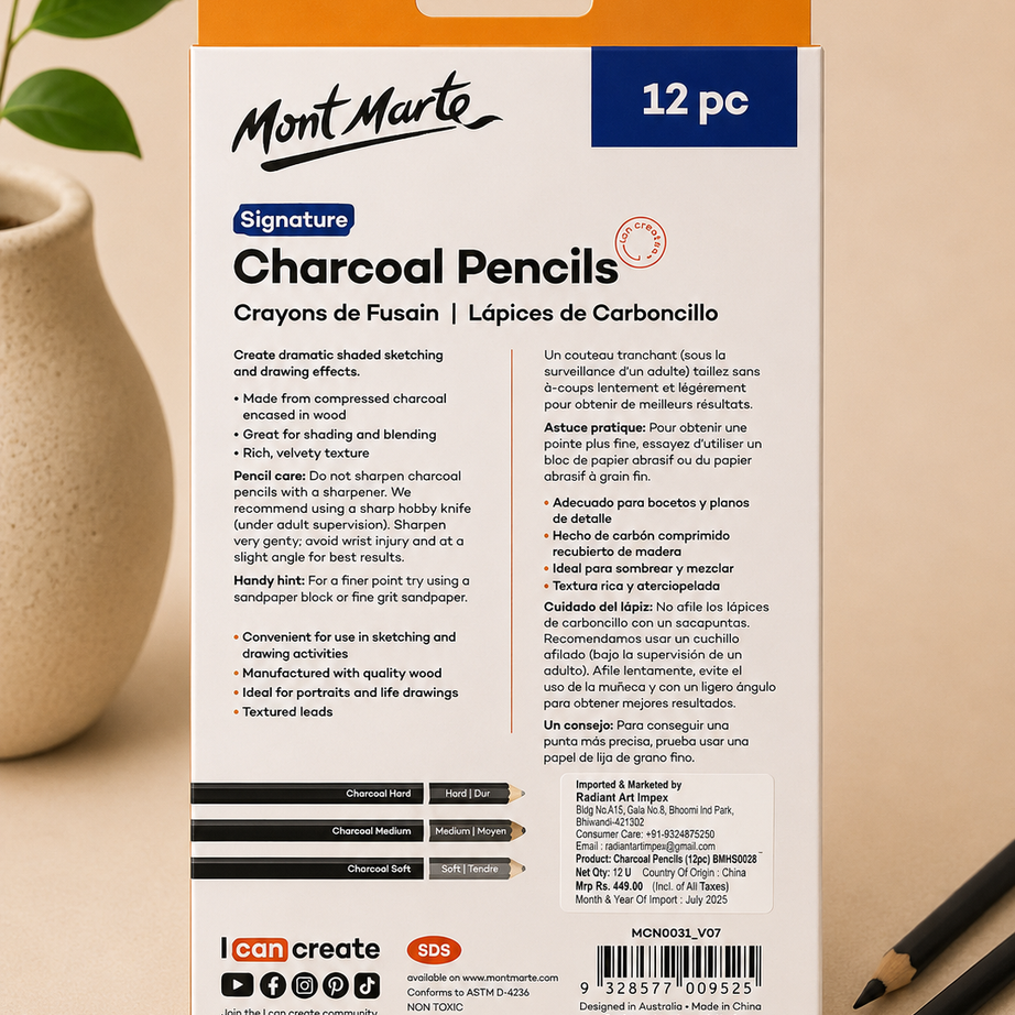 Mont Marte 12 piece charcoal pencil set for artists, sketching, shading, and detailed artwork