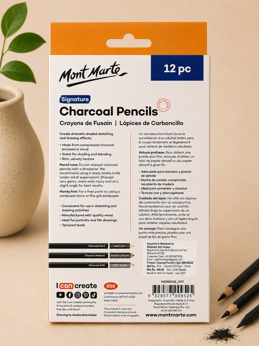 Mont Marte 12 piece charcoal pencil set for artists, sketching, shading, and detailed artwork