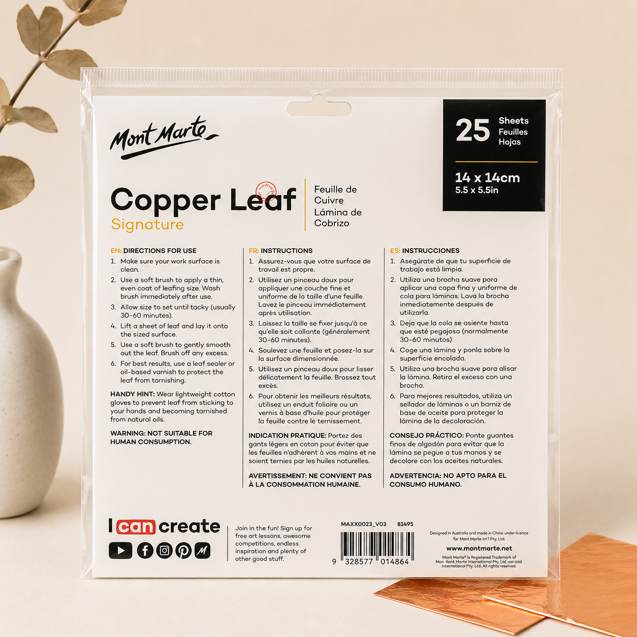 Artist quality copper leaf sheets by Mont Marte for craft and decoration projects