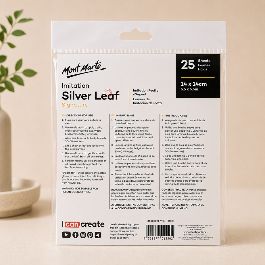 Artist quality silver leaf sheets by Mont Marte for craft and decoration projects