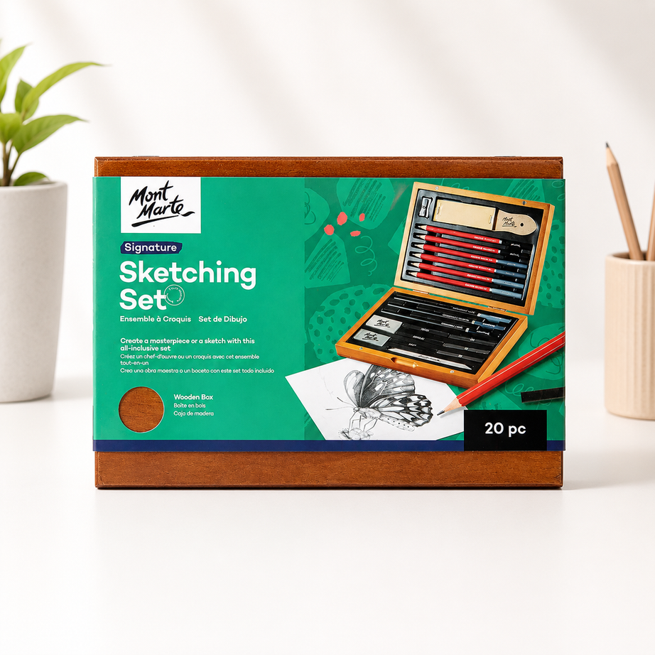 Mont Marte sketching set in wooden box with 20 art tools for artists