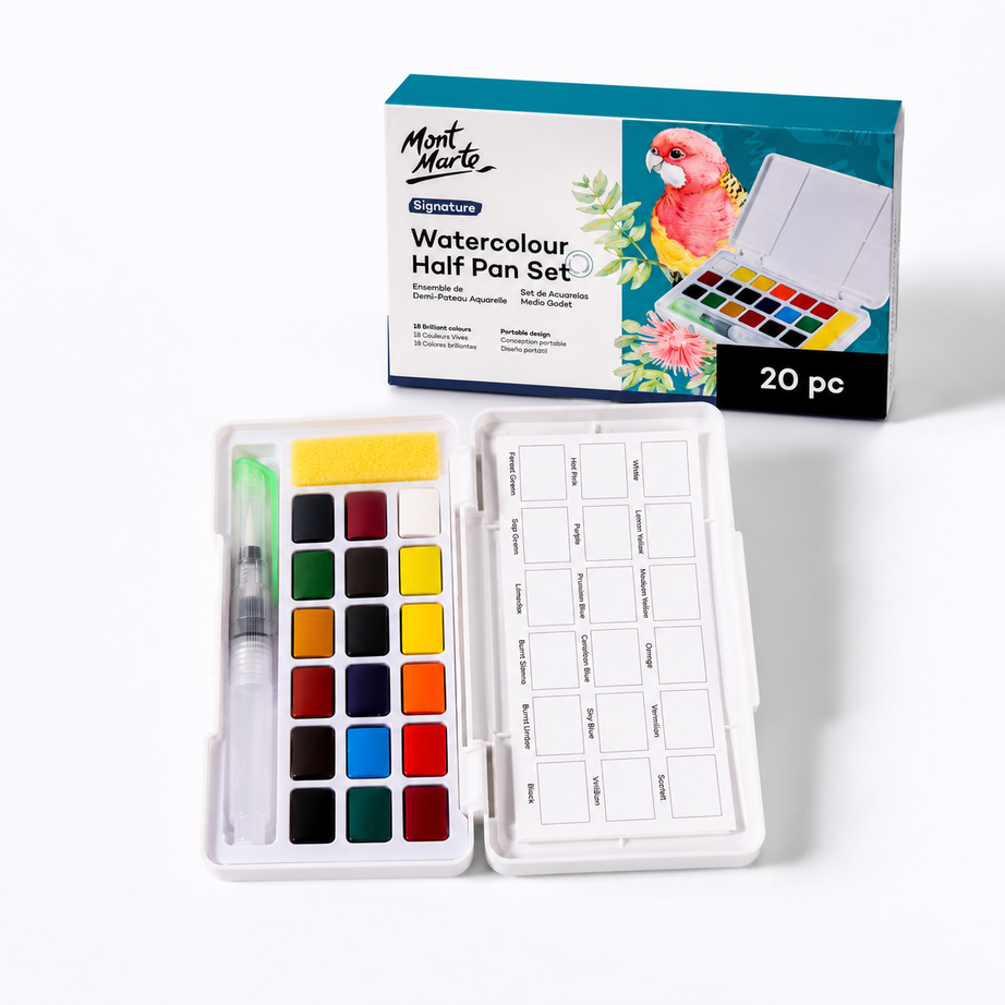 Artist quality Mont Marte watercolour half pan kit for painting and sketching
