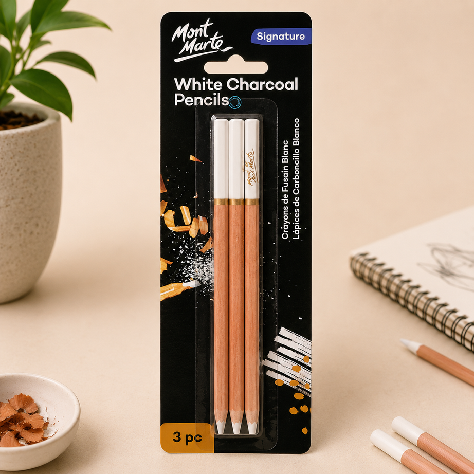 Mont Marte white charcoal pencils 3 piece set for drawing and highlights