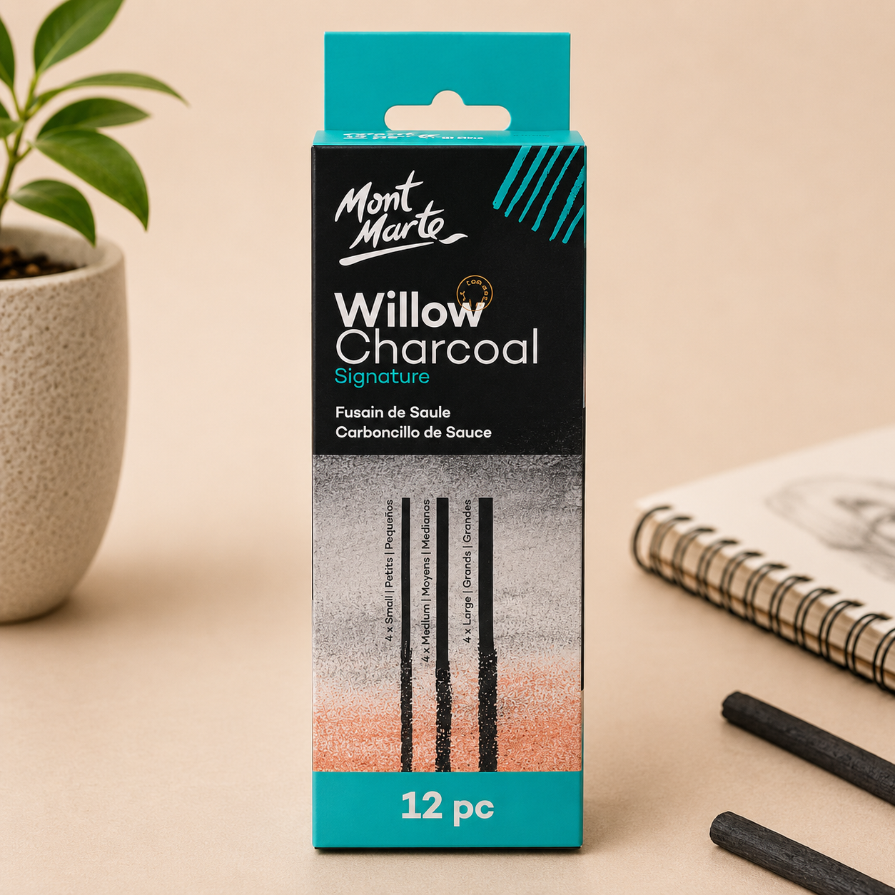 Mont Marte willow charcoal sticks 12 piece set for sketching and shading