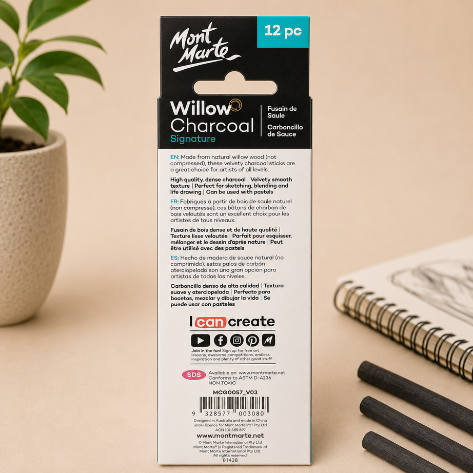 Pack of 12 Mont Marte willow charcoal drawing sticks for artists