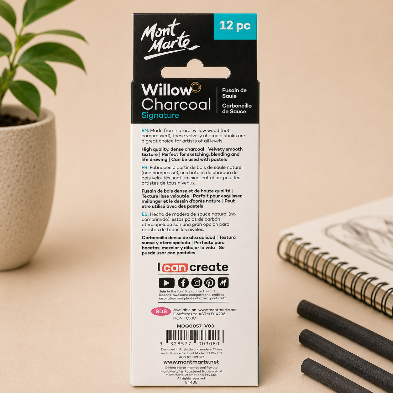 Pack of 12 Mont Marte willow charcoal drawing sticks for artists