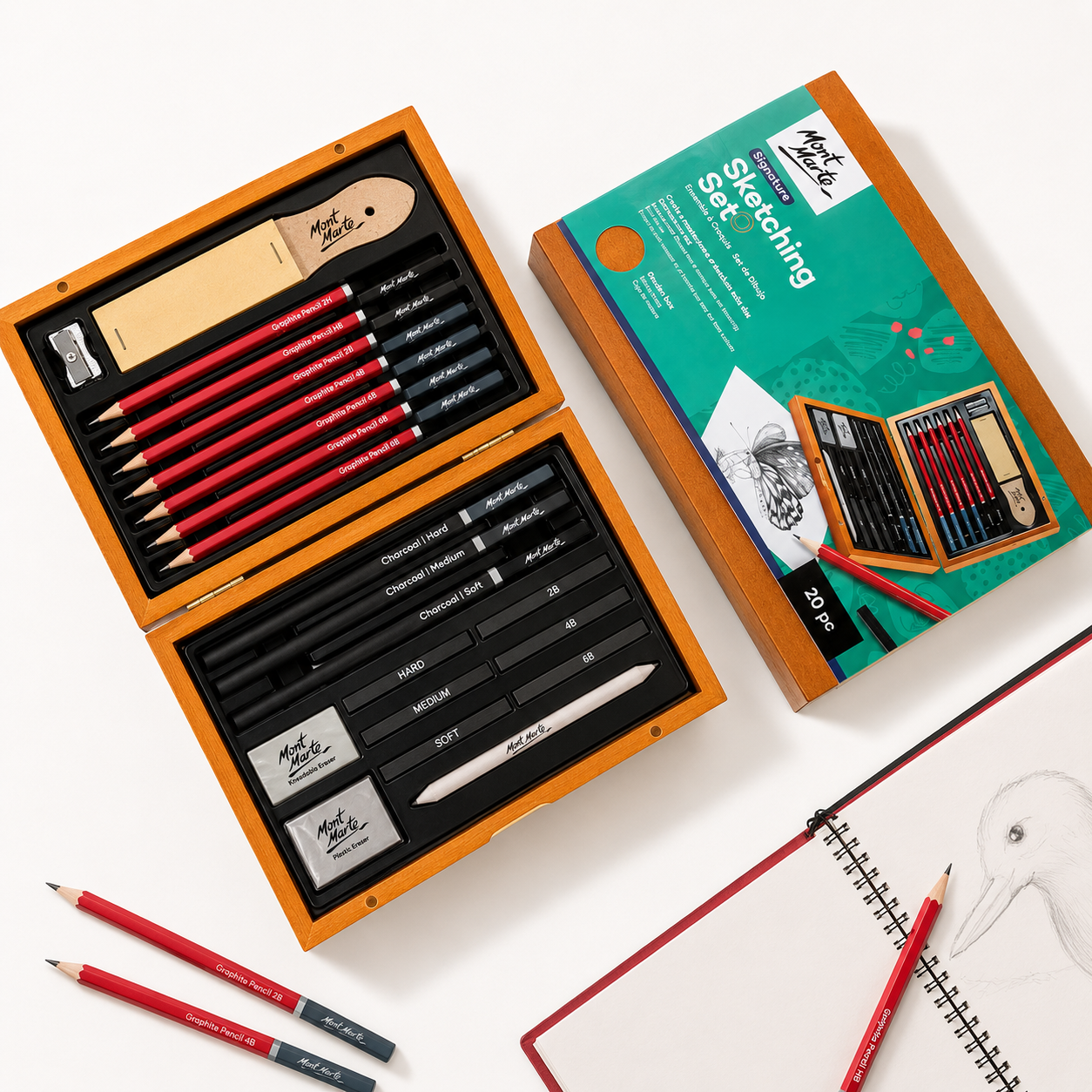 Mont Marte 20 piece sketching kit arranged in a premium wooden box