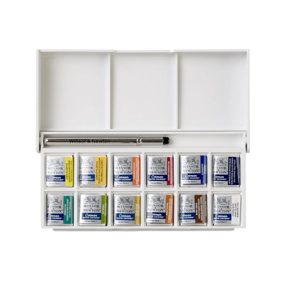 Open view of Cotman Pocket Sketch Plus set – half pans, brush, and palette