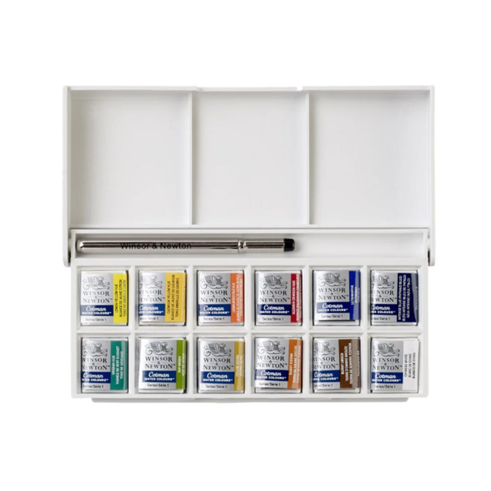 Open view of Cotman Pocket Sketch Plus set – half pans, brush, and palette