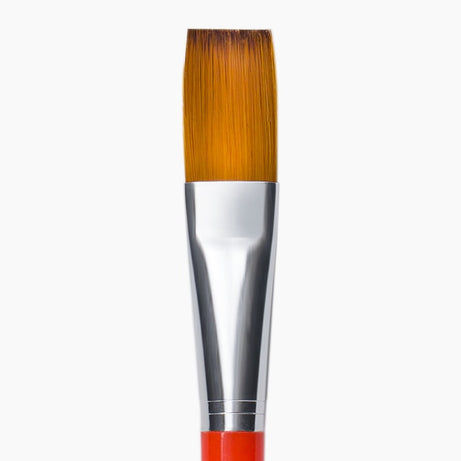 Paintbrush with orange bristles and red handle 