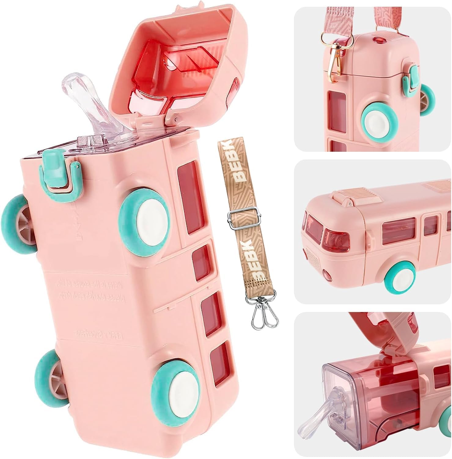 Pink  Bus Water Bottle for Kids with Straw and Sipper – 500ml BPA-Free