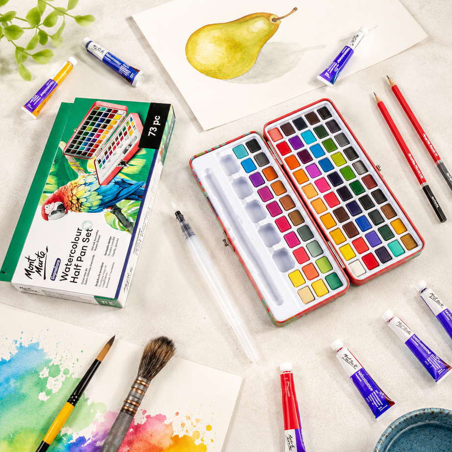 Portable Mont Marte watercolour half pan kit with brushes and paints