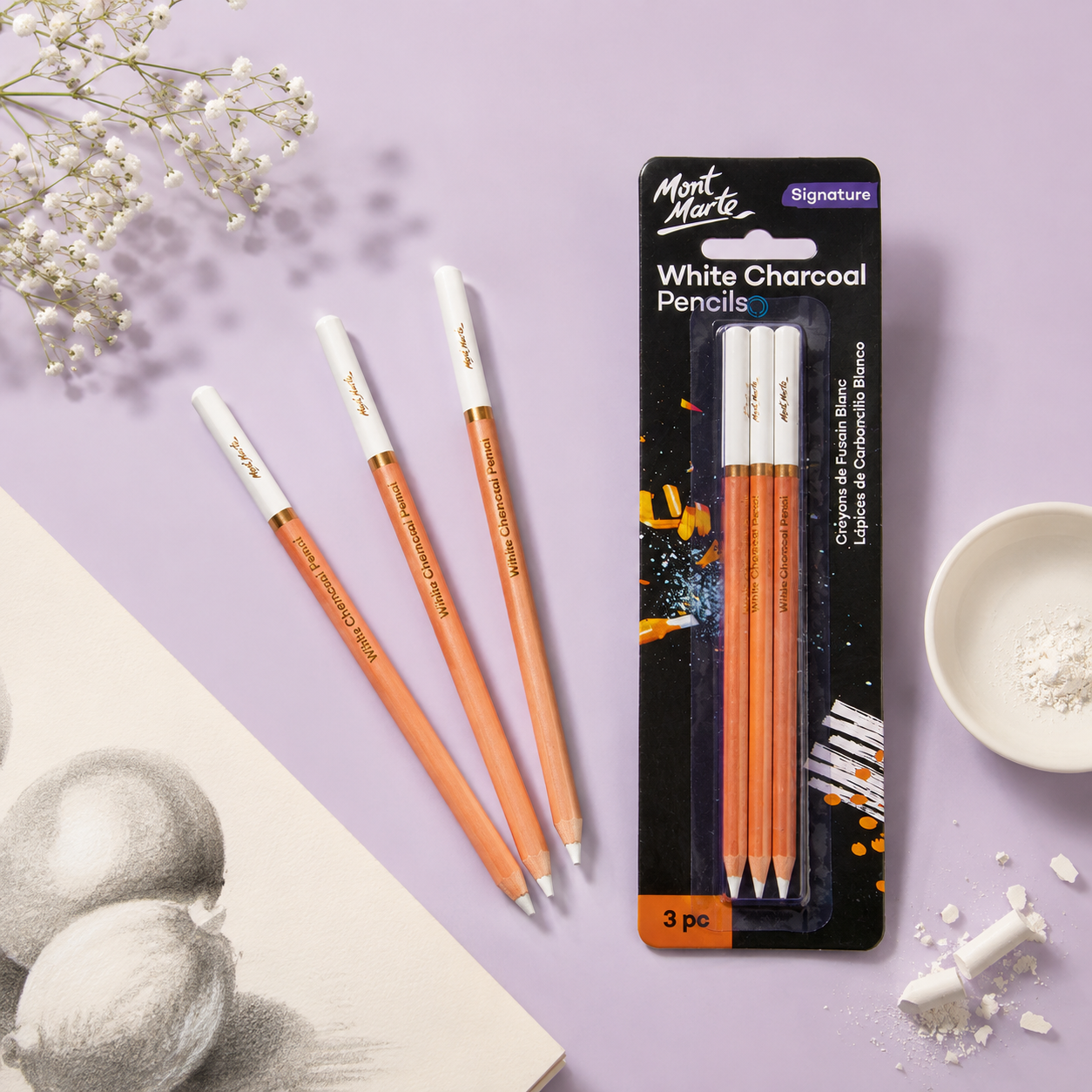 Artist quality Mont Marte white charcoal pencils for shading and detailing