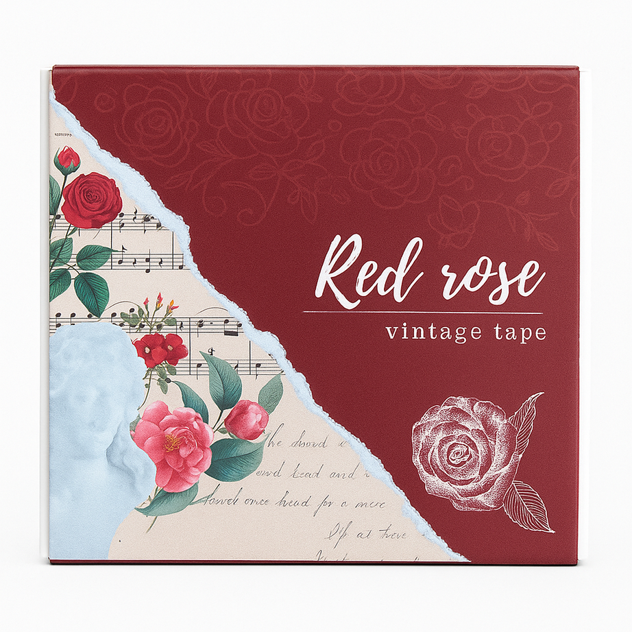 Red rose vintage washi tape packaging with floral and music notes design 